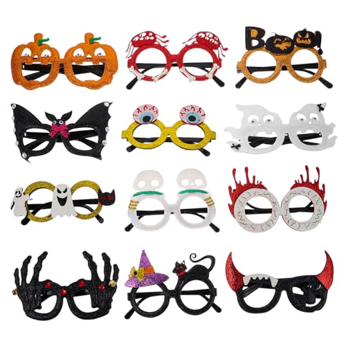 MOTHNUR 12 Stück Teiliges Halloween Partybrillen Glitzerndem Kunststoff Lustige Brillenrahmen in Kürbis- Geist Totenkopfdesign Wiederverwendbar für Erwachsene für Foto-requisiten und von MOTHNUR