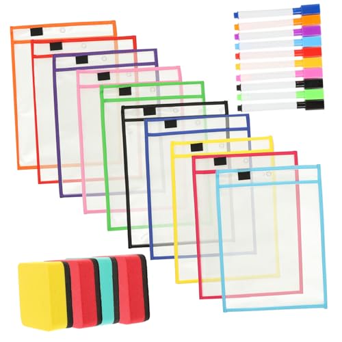 MOTHNUR Teiliges Dry Erase Sleeve mit Stiftfach und Metallöse Wiederverwendbare Transparente Dokumententaschen Strapazierfähig für Schule und Büro Beidseitig Beschreibbar Zufällige Farbe von MOTHNUR