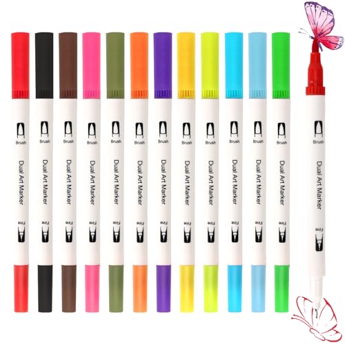 MOTIBACK 12 Acrylstifte für Steine wasserfest mit Doppelspitze (Feinspitze & Pinsel) – Acrylmarker Set für Steine, Holz, Leinwand & mehr – Acrylic Paint Marker Set mit lichtbeständigen Farben von MOTIBACK