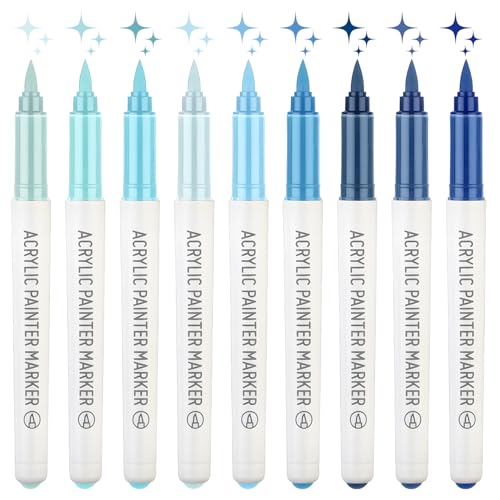 MOTIBACK 9pcs Direkte Acryl Marker Stift - Fünf Farben zur Auswahl - Wasserfeste Professionelle kreative Sets, Passend zum Ausdruck der Details für Erwachsene & Kinder (Blau-Töne) von MOTIBACK