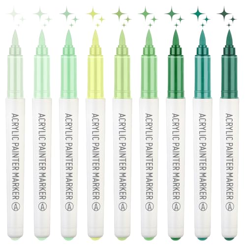MOTIBACK 9pcs Direkte Acryl Marker Stift - Fünf Farben zur Auswahl - Wasserfeste Professionelle kreative Sets, Passend zum Ausdruck der Details für Erwachsene & Kinder (grüner Farbton) von MOTIBACK