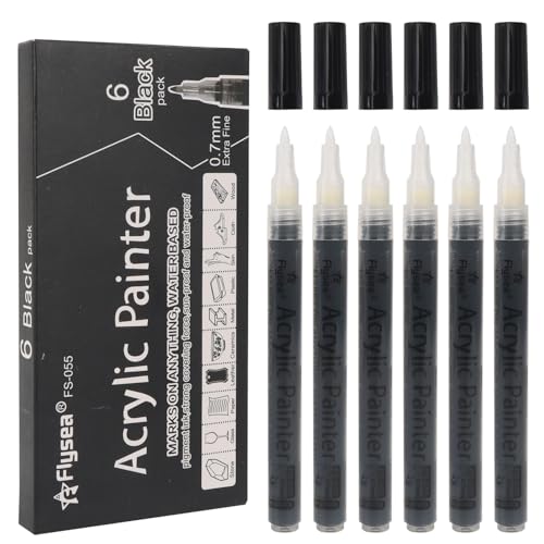 MOTIBACK Acrylstifte Schwarz Permanent Marker - 6 Stifte mit 0.7mm Feiner Spitze, Wasserfeste Acrylfarben Marker Set für Steine Holz Metall Glas Stoffe Keramik DIY-Projekte von MOTIBACK