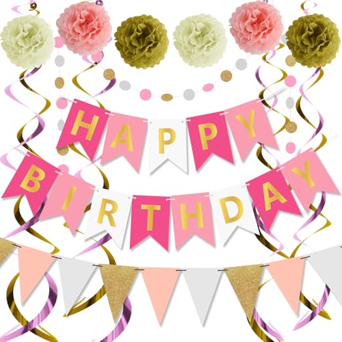 MOTIBACK Geburtstagsdeko Mädchen, Happy Birthday Banner mit Pompoms Girlande Wimpel Hängende Wirbel Streamer Kreis Punkt Girlande Dekoration, Deko Geburtstag Mädchen, Geburtstagsdeko Rosa von MOTIBACK