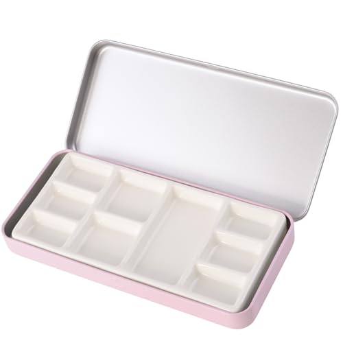 MOTOFITOOL Reise-Aquarellpalette, tragbare Keramik-Palette, 9 Mulden, Aquarellpalette mit Deckel, leere Nasspalette, Metallfarbkasten mit Porzellan-Paletten (rosa Box) von MOTOFITOOL