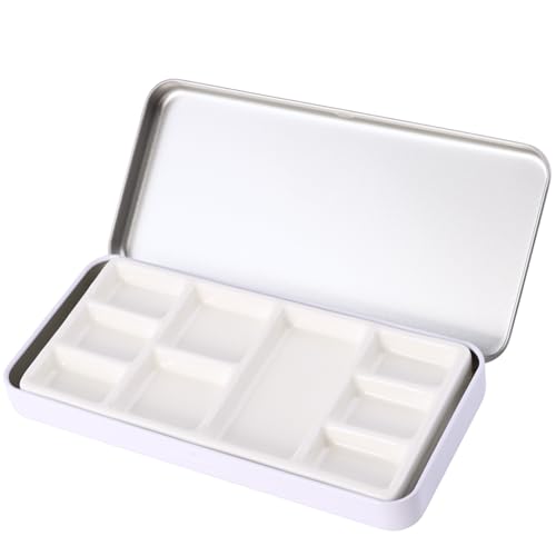 MOTOFITOOL Reise-Aquarellpalette, tragbare Keramik-Palette, 9 Mulden, Aquarellpalette mit Deckel, leere Nasspalette, Metallfarbkasten mit Porzellan-Paletten (weiße Box) von MOTOFITOOL