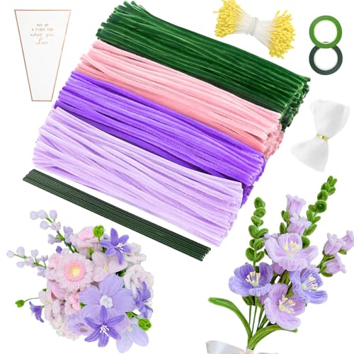 MOTONG 400 Stück Pfeifenreiniger zum Basteln-4 Farben Pfeifenputzer Rosa Lila zum Chenilledraht, 360 Stück Staubgefäße 20 Stück Blumendraht zum Basteln mit Geschenkband Pfeifenputzer Blumen Set von MOTONG
