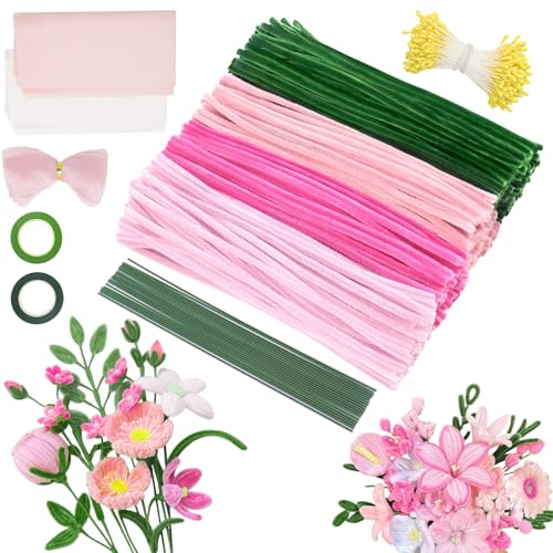 MOTONG 400 Stück Pfeifenreiniger zum Basteln-4 Farben Pfeifenputzer Rosa zum Chenilledraht, 360 Stück Staubgefäße 20 Stück Blumendraht zum Basteln mit Geschenkband Pfeifenputzer Blumen Set von MOTONG