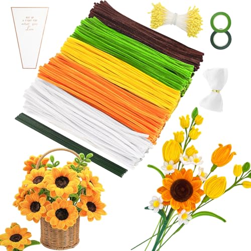 MOTONG 400 Stück Pfeifenreiniger zum Basteln Braun-4 Farben Pfeifenputzer Gelb zum Chenilledraht,360 Stück Staubgefäße 20 Stück Blumendraht zum Basteln mit Geschenkband Pfeifenputzer Blumen Set von MOTONG