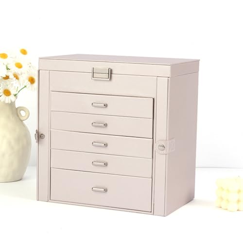Große Schmuckschatulle, 6-stöckig, PU-Leder, Schmuck-Organizer mit 5 Schubladen, multifunktionale Aufbewahrungsbox mit Spiegel für Halsketten, Armbänder, Uhren (Champagner) von MOTTK