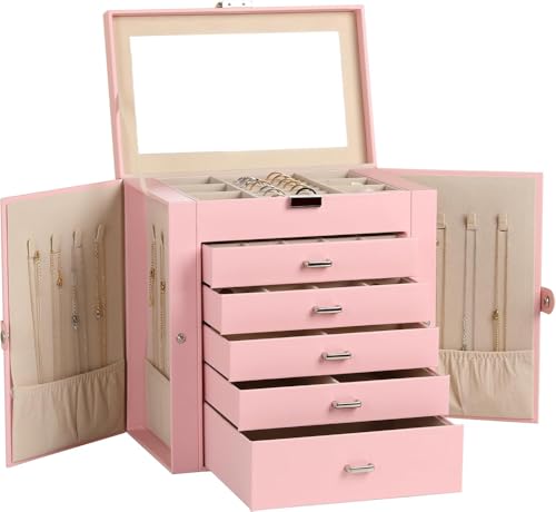 Große Schmuckschatulle, 6-stöckig, PU-Leder, Schmuck-Organizer mit 5 Schubladen, multifunktionale Aufbewahrungsbox mit Spiegel für Halsketten, Armbänder, Uhren (Rosa) von MOTTK