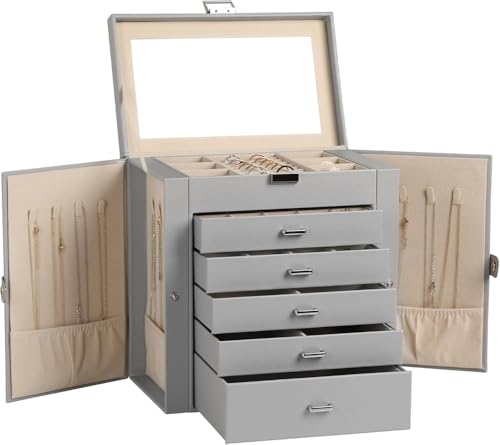 Große Schmuckschatulle, 6-stöckig, PU-Leder, Schmuck-Organizer mit 5 Schubladen, multifunktionale Aufbewahrungsbox mit Spiegel für Halsketten, Armbänder, Uhren (grau) von MOTTK