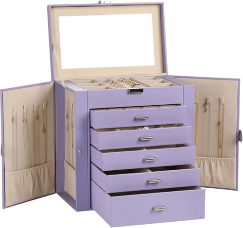 Große Schmuckschatulle, 6-stöckig, PU-Leder, Schmuck-Organizer mit 5 Schubladen, multifunktionale Aufbewahrungsbox mit Spiegel für Halsketten, Armbänder, Uhren (lila) von MOTTK