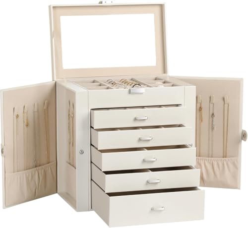 Große Schmuckschatulle, 6-stöckig, PU-Leder, Schmuck-Organizer mit 5 Schubladen, multifunktionale Aufbewahrungsbox mit Spiegel für Halsketten, Armbänder, Uhren (weiß) von MOTTK