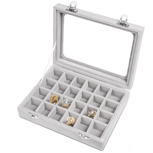 MOTTK Schmuck-Organizer-Box mit 24 Fächern, Samt-Glas, für Ringe, Charms, Anhänger, Schmuckvitrine mit transparentem Deckel (grau) von MOTTK