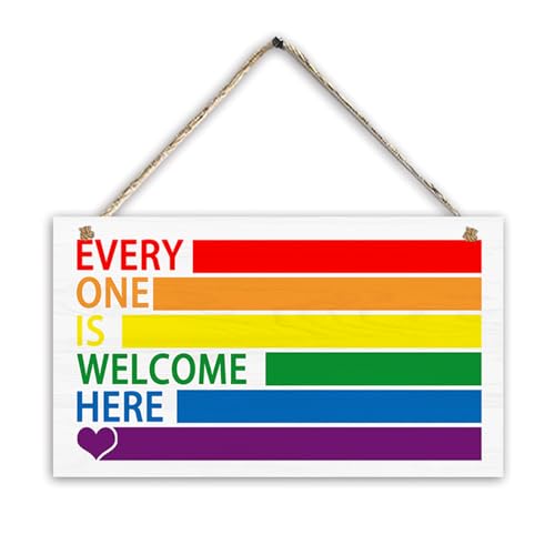 MOTUZP Regenbogen-Willkommens-Türschild „Everyone is Welcome Here“-Schild, Regenbogen-Willkommens-Holzschild für die Haustür, Regenbogen-Willkommensschild, Regenbogen-Kranz-Schild für (C) von MOTUZP