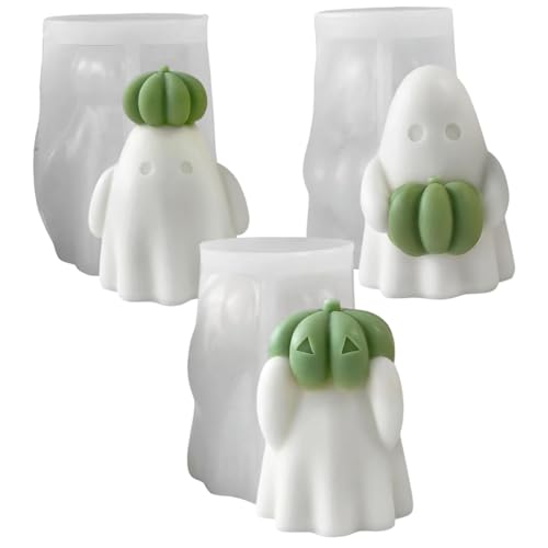 Geister-Silikonform, 3 Stück, süße 3D-Geister mit Kürbis, Halloween-Silikonformen, antihaftbeschichtet und wiederverwendbar, für Kerzen, Wachs, Seife, Ton, Gips, Epoxidharz, Kerzenformen, Hallowe Geister-Silikonform, 3 Stück, süße 3D-Geister mit Kürbis, Halloween-Silikonformen, antihaftbeschichtet und wiederverwendbar, für Kerzen, Wachs, Seife, Ton, Gips, Epoxidharz, Kerzenformen, Hallowe von MOUNTTU