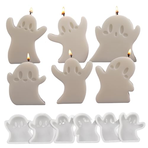 Halloween-Silikonformen, 6 Stück, niedliche Geister-Kerzenform in verschiedenen Formen, gruselig, antihaftbeschichtet, wiederverwendbar, für Kerzen, Wachs, Seife, Ton, Gips, Epoxidharz, Silikonfo von MOUNTTU