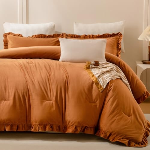 MOVE OVER Karamell-Rüschen-Bettwäsche-Set, King-Size-Größe, luxuriöses und Pannesamt-Bettwäsche-Set für den Winter, 3-teilig, elegantes und warmes Gold, Kamelsamt, gerüschtes Bettwäsche-Set für von MOVE OVER