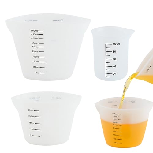Messbecher aus Silikon, 3 Stück Epoxidharz Mischbecher mit Skala Clear, 100ml/250ml/500ml Wiederverwendbare Silikon Messbecher Silicone Measuring Cups für DIY, Basteln, Labor, Küche von MOVKZACV