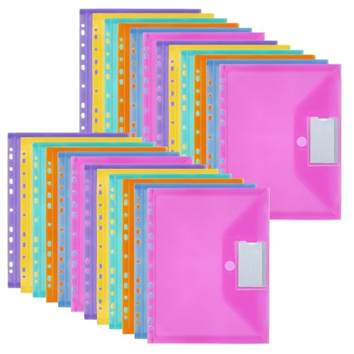 MOWETOO 24 Stück Dokumententasche A4, Dokumentenmappe A4 zum Abheften, Dokumententaschen mit 11 Lochrand Klettverschluss und Etikettentasche, Sammelmappen für Dokumente Organisieren (6 Farben) von MOWETOO