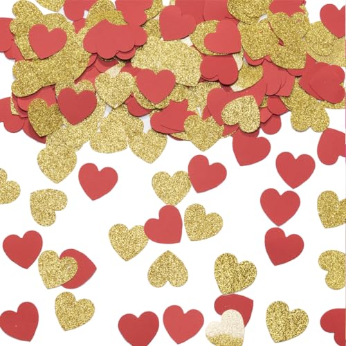 MOWO Goldfarbenes und rotes Herz-Konfetti, Tischdekoration für Liebe, Valentinstag, Geburtstag, Hochzeit, Babyparty, Party, 3 cm Durchmesser, 200 Stück von MOWO