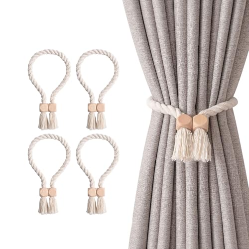 4 Stück Magnetische Vorhang Raffhalter Gardinenhalter Vorhanghalter, Gardinenraffer aus Holz Boho, Baumwolle, handgewebt, Raffhalter, Vorhangbänder für Vorhänge für Home Büro Gardinen Deko von MOWUVAI