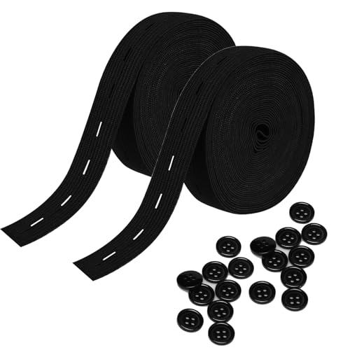 2 Stück 5m Gummiband zum Nähen Flaches Nähband mit Knopfösen, Elastisches Gummiband für Hosenrock Stirnband mit 20 Stück Knöpfe, Taillenspanner für Kleidung, Perücke Gürtel (schwarz) von MOYWYCNO