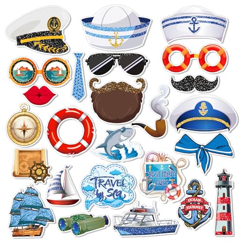 25-teiliges nautisches Foto-Requisiten-Set mit Bambusstäben und Klebepunkten, Selfie-Requisiten für Matrosen-Geburtstagsfeiern, Babypartys, Klassenzimmer-Events und mehr von MOZUI