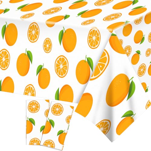 MOZUI Little Cutie Kunststoff-Tischdecken mit orangefarbenem Muster, 137,2 x 224,9 cm, Obst Orange Cuties, Einweg-Tischdecken für Partys, Picknicks, Küche und Esszimmer, 2 Stück von MOZUI