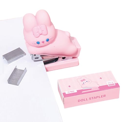 Niedlicher rosa Schreibtisch-Hefter mit Heftklammern, kleiner Mini-Büro-Hefter für Damen, Mädchen, Kinder, Cartoon-Hasen-Hefter für Schreibtisch, Handhefter für Heimbüro (Kaninchen) von MOZXIRZ