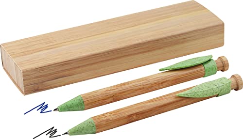 MPM Quality Bambus-Kugelschreiber und Bleistift-Set mit Weizenstroh-Clip in Papierbox, 2 Stück-Set, Blaue Tinte und Bleistift, Helles Holz/Grün, EKO Geschenke-Box, Umweltfreundlich, Eco-Friendly von MPM Quality