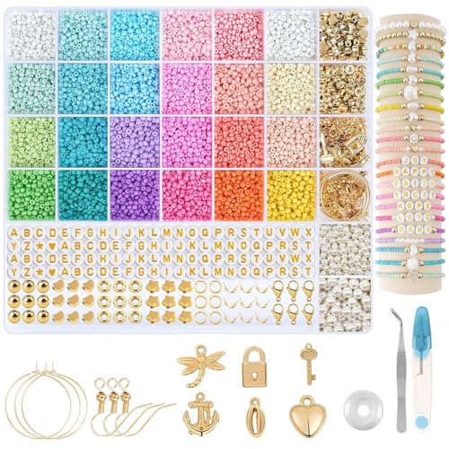 MPXEAVG 3mm Perlen Set für Armbänder, 7800Beads & Zubehör, Buntes Perlen-Armband, 24 Farben Perlen 25 Art Zubehörteile, Ohrringe Basteln Set, Erwachsener DIY-Armband von MPXEAVG