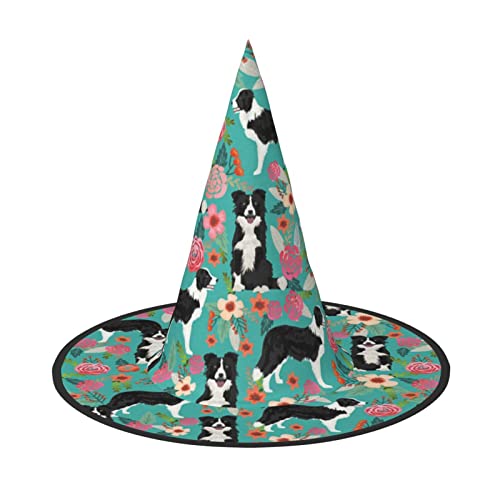 MQGMZ Mqgmzborder Collie-Blumen-Druck, bezaubernd, Halloween-Hexenhut, niedlich, faltbar, spitz, Neuheit, Hexenhut, Kinder und Erwachsene von MQGMZ