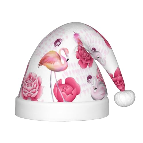 MQGMZ Mqgmzpink Weihnachtsmütze mit Flamingos-Druck – Weihnachtsmütze für Kinder, Unisex, Flanell, Weihnachtsmütze, Kinder Nikolausmütze von MQGMZ