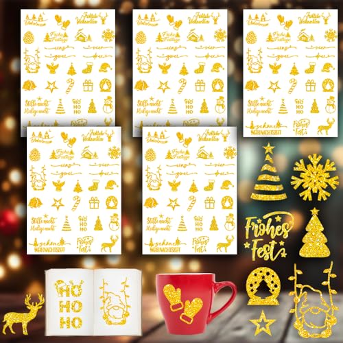 145pcs Weihnachtssticker Glitzer, Glitzer Weihnachtsaufkleber 5 Blätter, Weihnachtssticker Selbstklebend Glitzer Gold, Weihnachtsaufkleber Gold, für Adventskalender, Weihnachten Geschenke, Karten von MQIAN