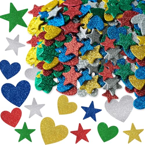 Glitzer Sticker Kinder, 300 Stück Aufkleber Kinder, Stern und Herz Sticker Set, Glitzersticker, Schaumstoff Moosgummi Aufkleber Selbstklebend für Basteln Fertigkeit Dekoration von MQIAN