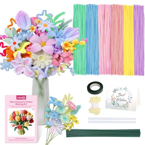 MQOALA 450 Stück Pfeifenreiniger Blumen Set Mit Anleitung, Chenilledraht Pfeifenreiniger Blumen Set, Basteln und Dekorieren Staubblatt FüR Blumenstrauß Diy Dekorationen Macaron-Farbe von MQOALA
