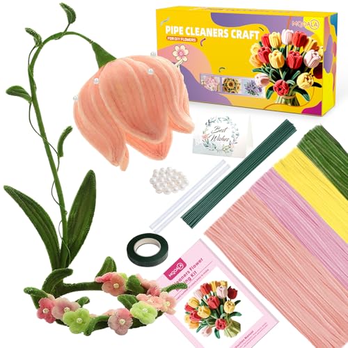 MQOALA Pfeifenreiniger Blumen Set, 350 Stück Pfeifenputzer zum Basteln in 4 Farben, mit Deko-Perlen, Floristenband, Blumendraht & Anleitung – DIY Pipe Cleaner Flower Kit (Rosa) von MQOALA