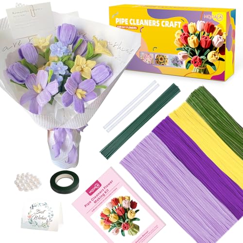 MQOALA Pfeifenreiniger Blumen Set, 350 Stück Pfeifenputzer zum Basteln in 4 Farben, mit Deko-Perlen, Floristenband, Blumendraht & Anleitung – DIY Pipe Cleaner Flower Kit (Violett) von MQOALA