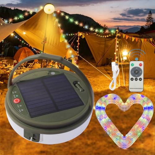 MQUPIN 12m Camping Lichterkette, Solar lichterkette aufrollbar, acht leuchtende LED sternstimme lichterkette, wasserdicht, bequem zu lagern, USB aufladbar, geeignet für Camping, Garten (bunt) von MQUPIN