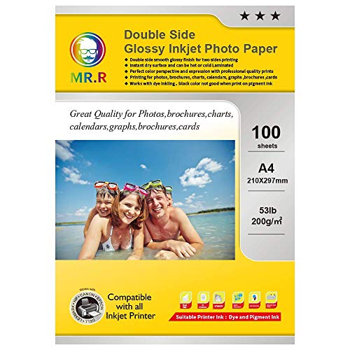 MR.R 200g/m² 100 Blatt A4 Format Beidseitig Hochglänzendes Inkjet Bedruckbar Fotopapier Tintenstrahldrucker Glänzend Foto Paper Sofort Trocken Wasserfest Hochweiß Fotoblätter von MR.R