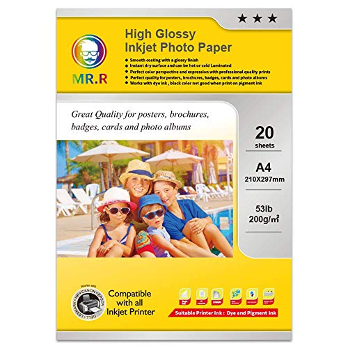 MR.R 200g/m² 20 Blatt A4 Format einseitig hochglänzendes Inkjet-Fotopapier tintenstrahldrucker glänzend foto paper Sofort Trocken Wasserfest Hochweiß fotoblätter von MR.R