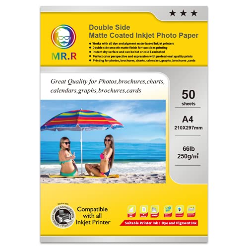 MR.R 250gsm/qm A4 beidseitig matt bedruckbar 50 Blatt Fotopapier doppeltes matt photo papier sofort trocken wasserfest hochweiß sehr hohe Farbbrillianz fuer Drucker Tintenstrahldrucker von MR.R