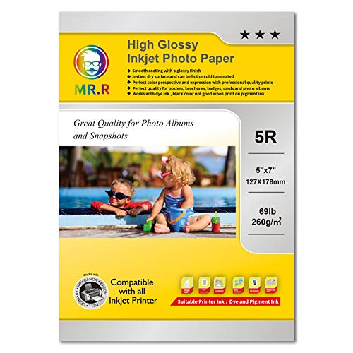 MR.R 260g/m² 100 Blatt 5R Format einseitig hochglänzendes Inkjet-Fotopapier tintenstrahldrucker glänzend foto paper Sofort Trocken Wasserfest Hochweiß fotoblätter von MR.R