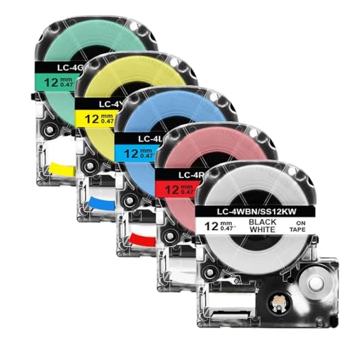 ABColor SS12KW LK-4WBN Etikettenband, 12 mm, kompatibel mit ST12KW SC12RW SC12YW für LW-300 LW-400 Etikettendrucker (5 Stück gemischte Farben) von MRHZKE