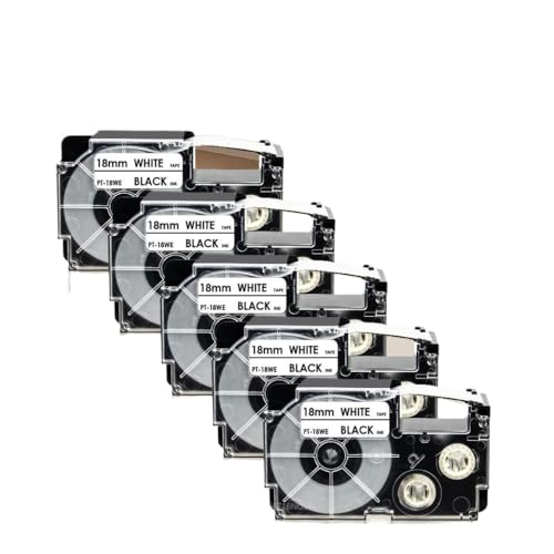 Kompatibles Etikettenband, 18 mm, 5 Stück, 10 Stück, für XR-18WE Druckerband, funktioniert mit CW-L300 KL-120 KL-430 KL-750 Etikettenhersteller, gemischte Farben, Ersatz (5 Stück, Schwarz auf Weiß) von MRHZKE