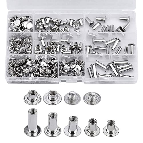 220 Stück Binding Schrauben, Chicago Bindung Schrauben Kits, 7 Größen Metall-Rundkopf Buchschrauben, Plastikbox Schraubnieten für Gürtel Buchbinderei Leder Dekoration Halsbänder (Silber) von MRMIAN