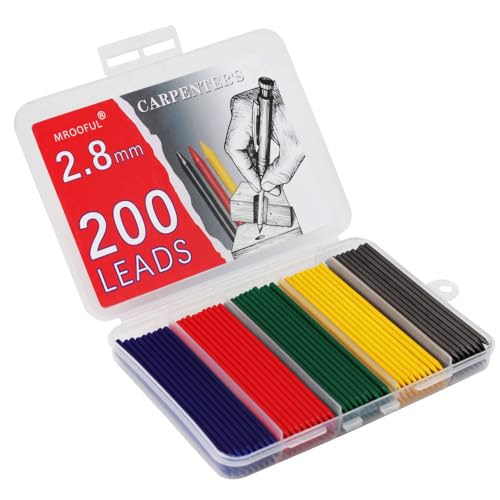 MROOFUL 2,8 mm Zimmermannsbleistiftmine, Minenkern, blau, rot, grün, gelb, schwarz, Holzbearbeitung, Buntstiftmine, große Kapazität, lange Nase, tiefes Loch, Druckbleistiftmarker, Ersatzminen, 200 von MROOFUL