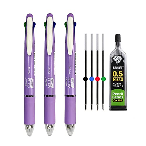 MROOFUL 5 in 1 Mittlere Spitze 1,0 mm Mehrfarbig Kugelschreiber 0,5 mm Druckbleistift 4 Farben Multifunktionsstift Multipack 3 Stück Druckkugelschreiber (Lila) von MROOFUL