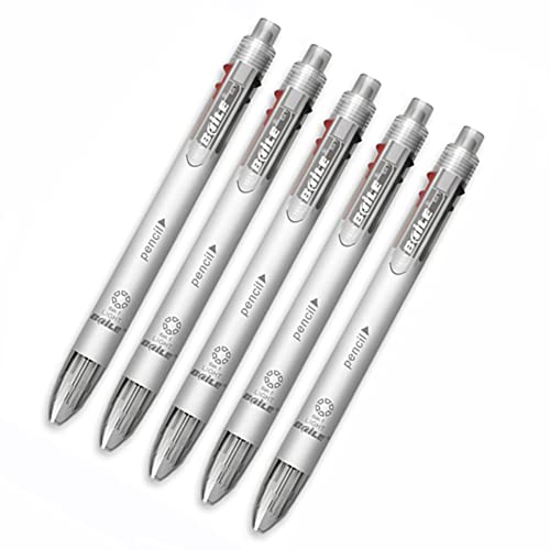 MROOFUL Chunky Druckkugelschreiber, mehrfarbig, 6-in-1-Kugelschreiber, 0,5 mm, mittlere Spitze, 1 Mechaniker-Bleistift mit Radiergummi, Weiß von MROOFUL